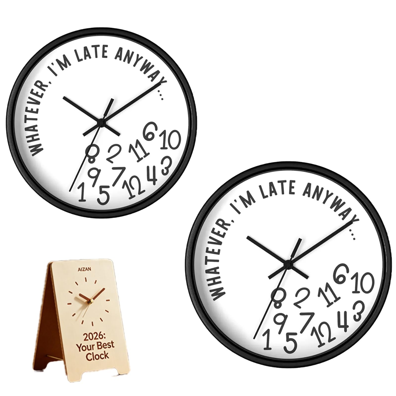 Whatever I'm Late Anyway Wall Clock, Funny Sarcastic I'm Late Anyway Clock Large Unique Walls Watch Unique Irregular Number 12in Wooden Sign Home Office Kitchen Decor Procrastinator Gift(Style a,2PCS)