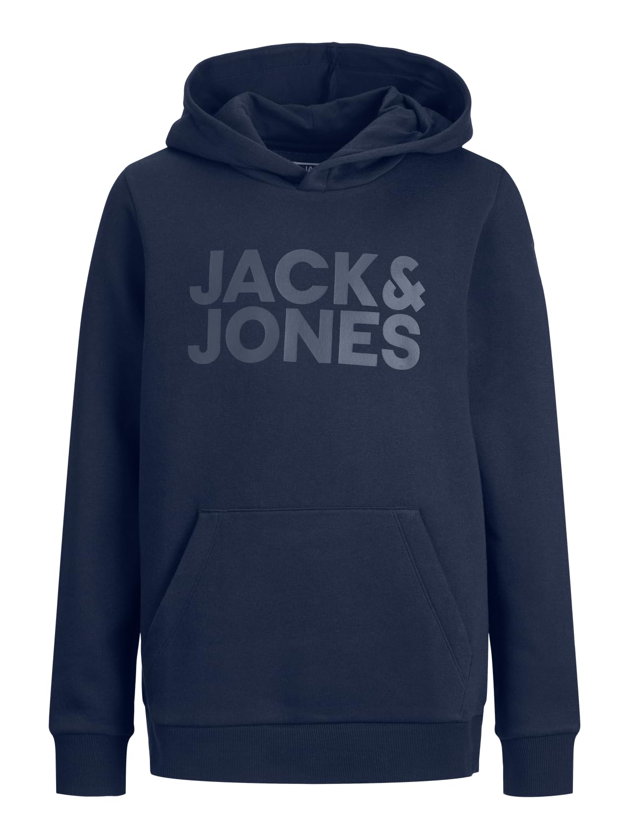 JACK&JONES JUNIOR Boy's JJECORP LOGO SWEAT HOOD NOOS JNR Hooded Sweatshirt, Navy Blazer/Fit:JR/Large Print/W. Navy Blazer,