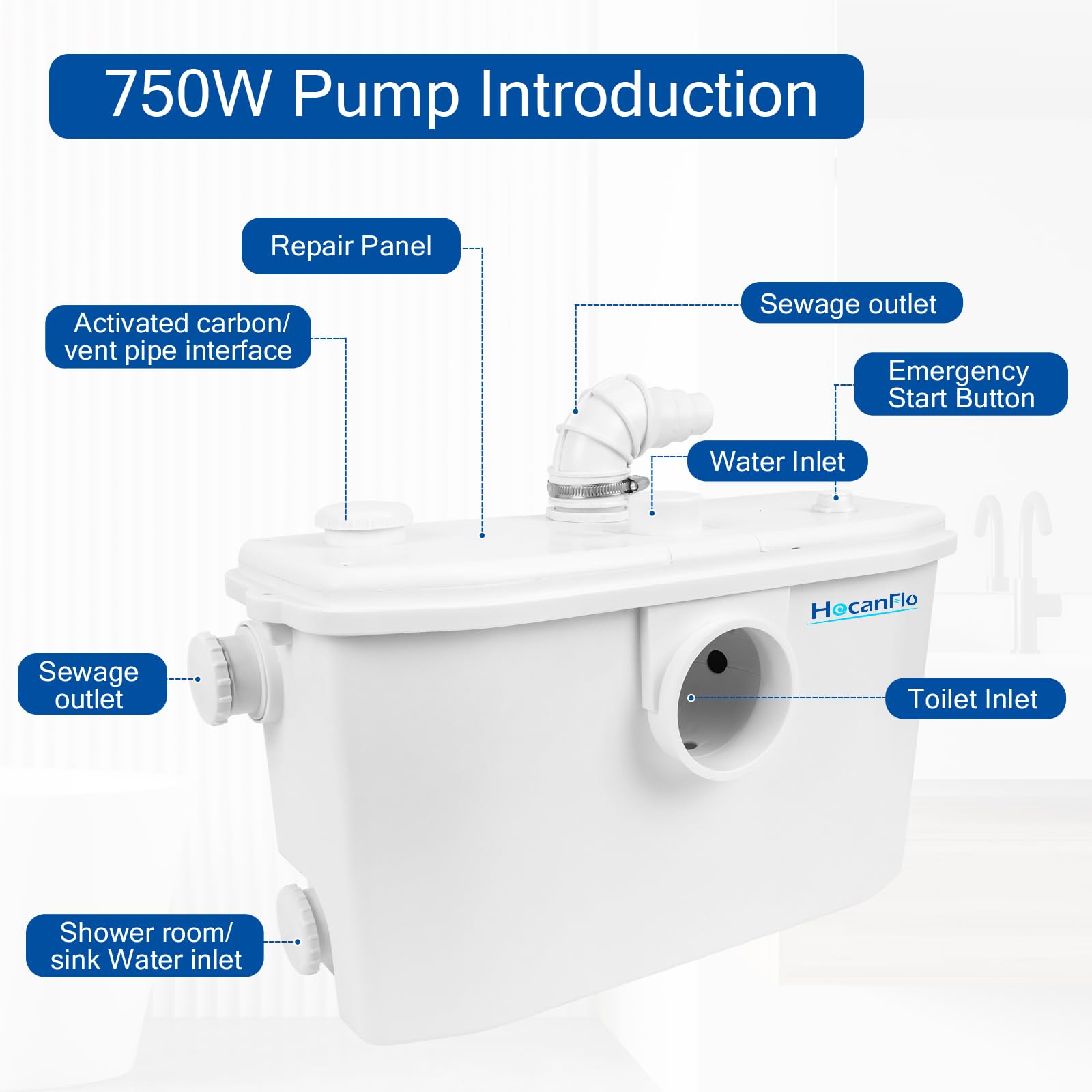 Bomba de agua FLO750W Schmutzwasser Fäkalien Hebeanlage Kleinhebeanlage für WC Toiletten, Dusche, Waschbecken, Waschmaschine, Spülmaschinen, Abnehmbare inspektionsplatte 4 Eingänge, 2 Ausgänge