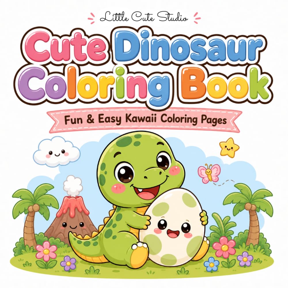 Cute Dinosaur Coloring Book: Fun & Easy Kawaii Coloring Pages Featuring Adorable Dinosaurs, Eggs, Ice Cream, Balloons, Birthday Fun, Nature, and Everyday Adventures