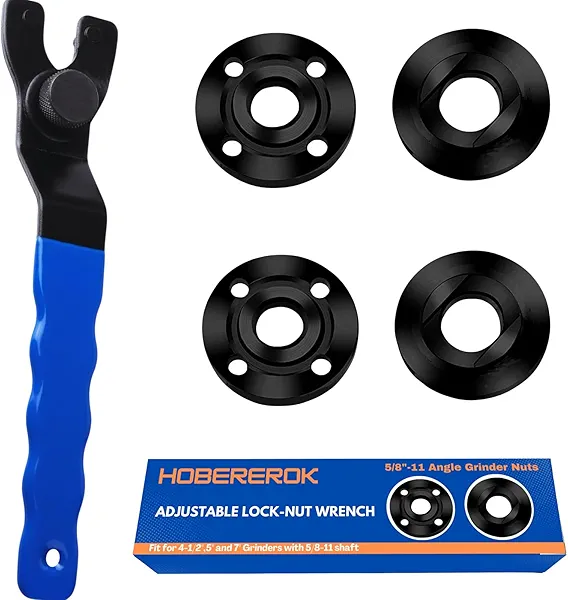 HOBEREROK Angle Grinder Wrench Adjustable and Nut Kit (5PCS) – 5/8-11 Lock Nut Fits Dewalt, Milwaukee, Makita, Ryobi, Bosch 4.5"/5"/7" Grinders for Quick Nut Removal & Disc/Wheel Replacement