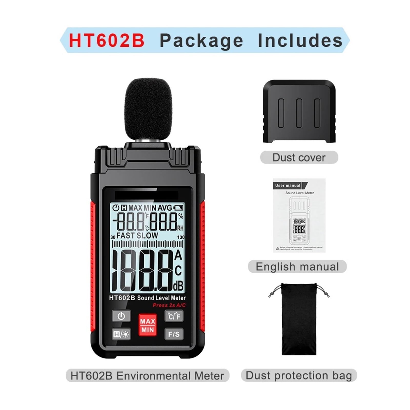 HT602 Fonometro Digitale Palmare Db Meter Misuratore di Livello di Rumore 30-130dB Decibel Mini Fonometro(HT602B)