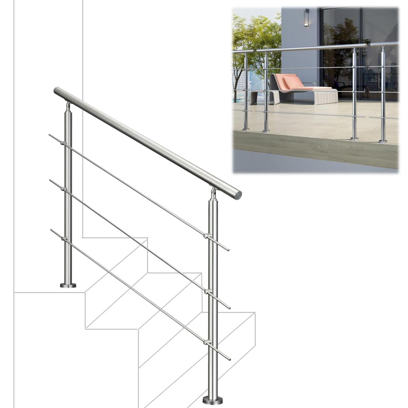 150cm 304 Stainless Steel handrail with 3 crossbars Balustrade Stair/Step for Outdoor and Indoor