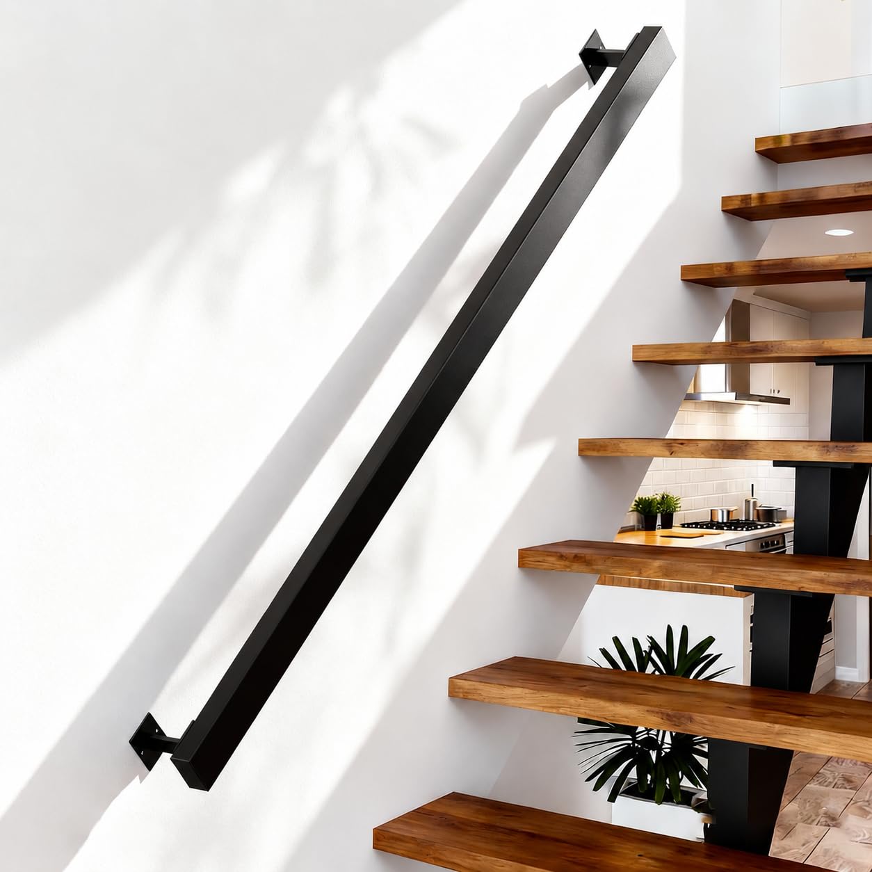 Pasamanos para Escaleras de Metal, Color Negro Mate, Barandilla Escalera, pared interior con soporte de pared y tapas finales, pasamanos para Interiores y Exteriores pared Loft Ancianos (120cm)