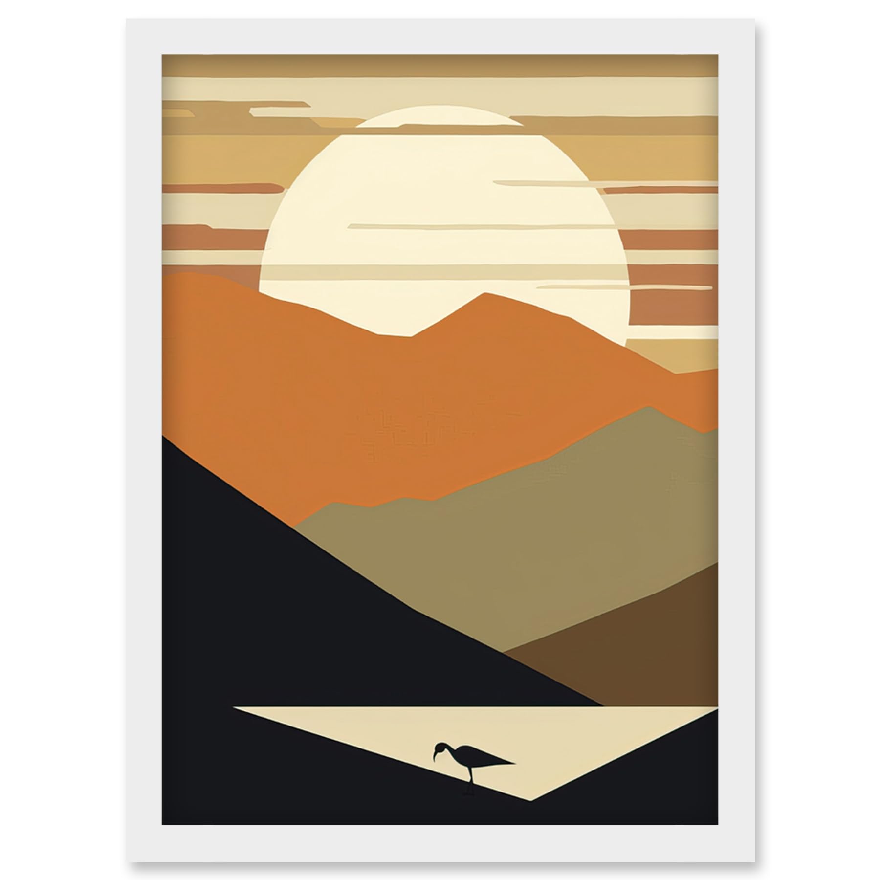 Artery8 Framed Print - Lakeside Mountain Sunset Boho Minimalism Landscape Artwork - A4 - White
