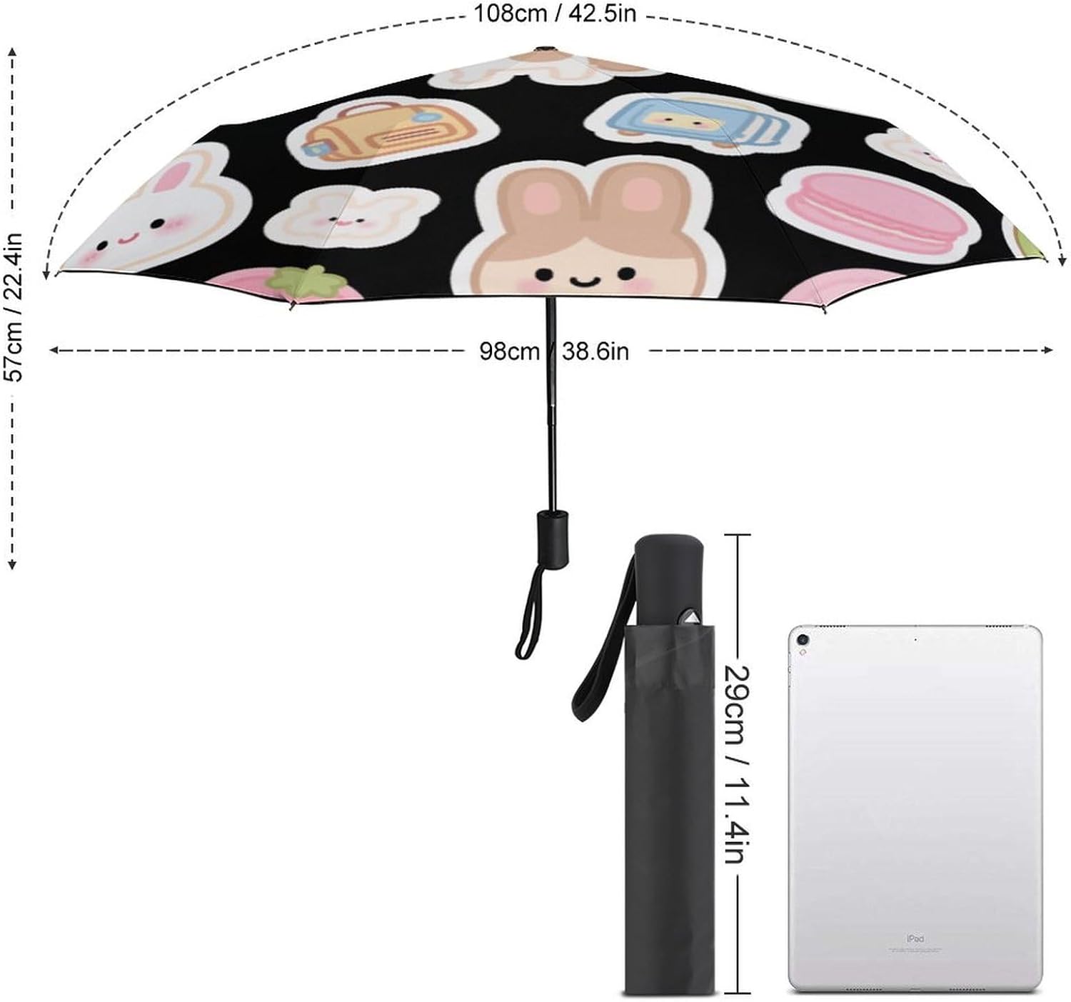 Black And Pink Rabbit Fruit Windproof Travel Umbrella, One-Click Automatic Open And Close, Portable Compact Folding Umbrella for Women Men, Fits Backpack & Car