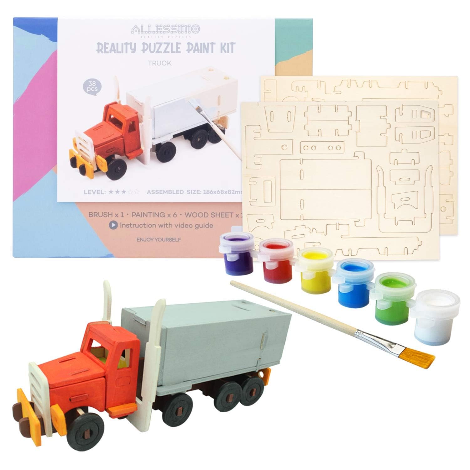 Allessimo - Create + Paint 3D Paint Puzzle Reality Wooden (Truck - 38pcs) Model Kit with Brush Toys - Kids Fun Building DIY