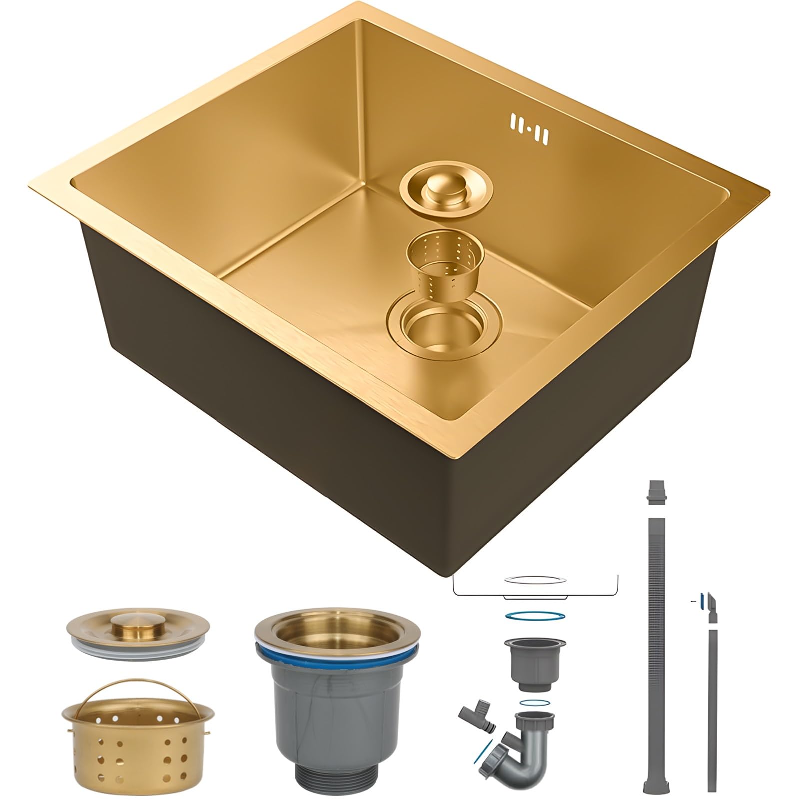 Évier carré en acier inoxydable doré anti-trace avec kit de vidange complet inclus