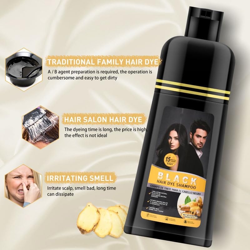 Gegong 500ml Ginger Black Hair Shampoo, Ginger Shampoo Fast Black Hair Hair Color Dye Nourishing, 2-in-1 Semi Permanent Shampoo Last 30 days,5 Minutes Finsh