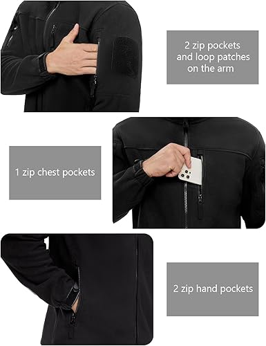 Miniatura 4 de MAGNIVIT Chaqueta de forro polar táctica con cremallera completa para hombre, abrigo polar suave con 5 bolsillos con cremallera para otoño e invierno