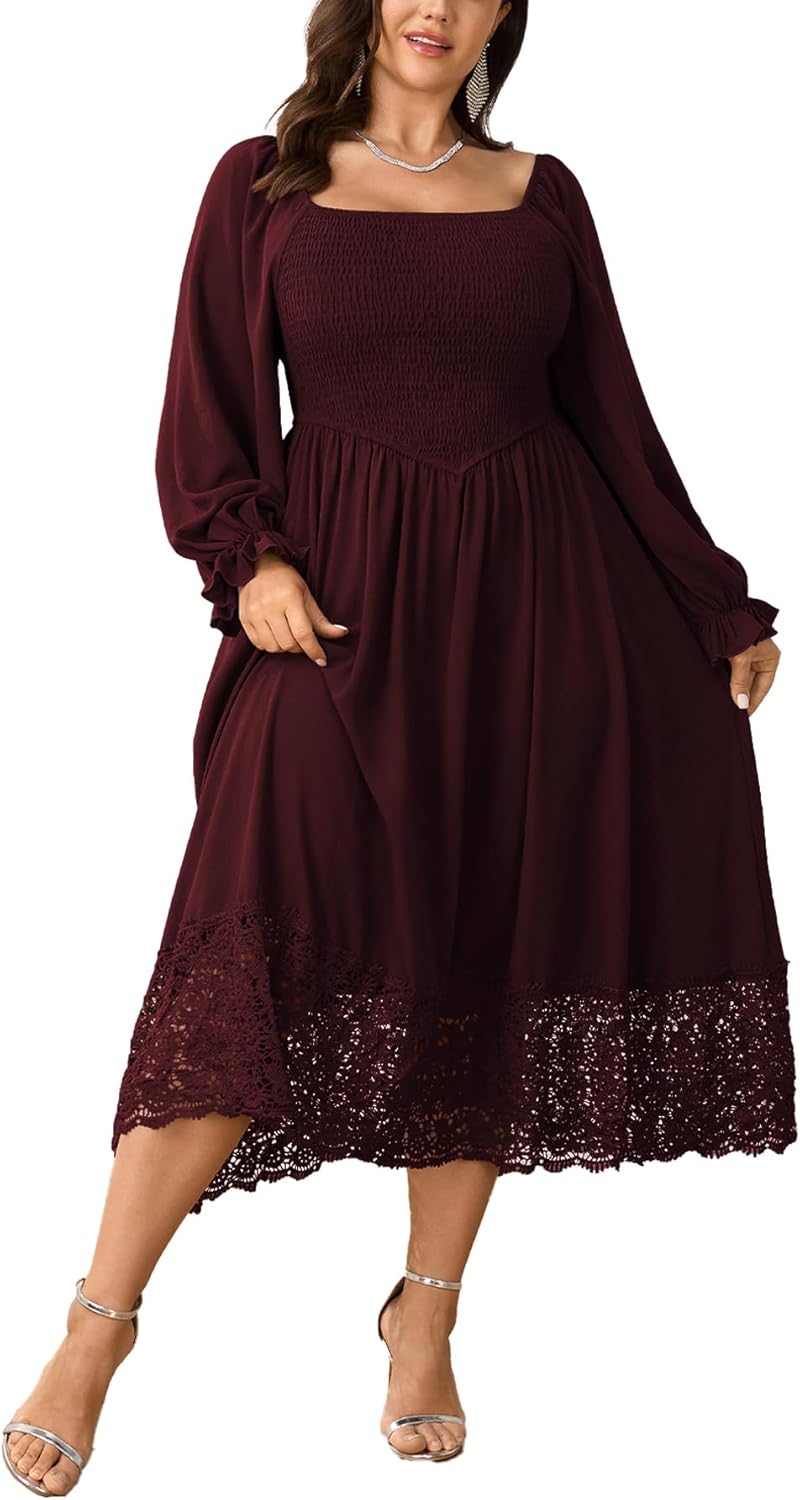 Women's Plus Size Maxi Dress Long Sleeve Square Neck Smocked Flowy A-Line Lace Trim Wedding Guest Dresses Burgundy 3X-Large Plus