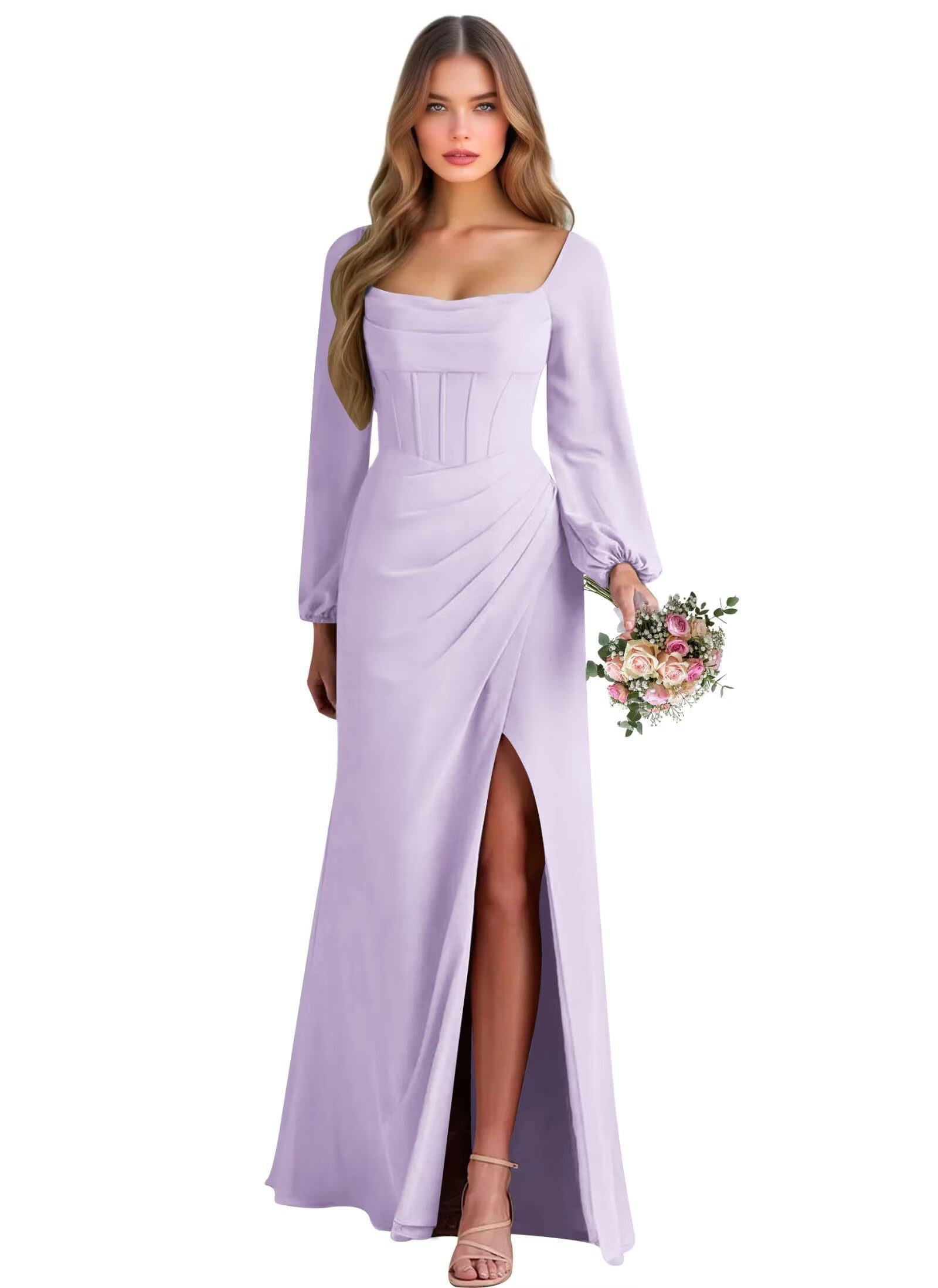 Damen Chiffon Brautjungfernkleid Langarm Quadratischer Drapierter Ausschnitt Ballonärmel Maxi Festkleid Mit Schlitz Für Hochzeit