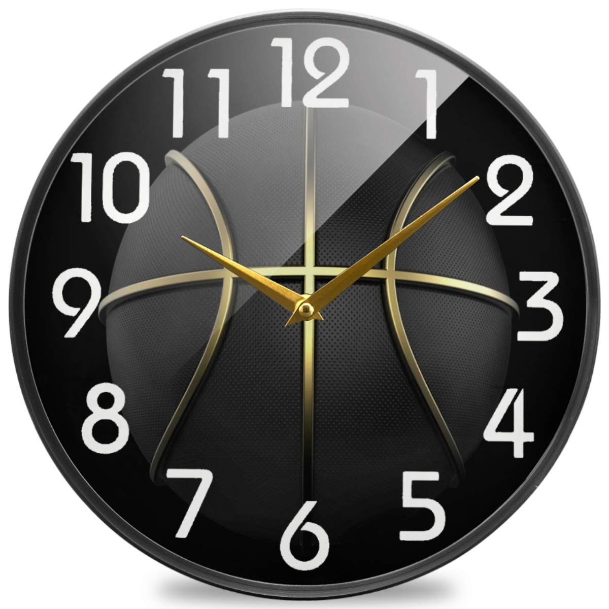Naanle 3D Black Basketball with Gold Line Round Wall Clock, 12 Inch Silent Battery Operated Quartz Analog Quiet Desk Clock for Home,Office,School