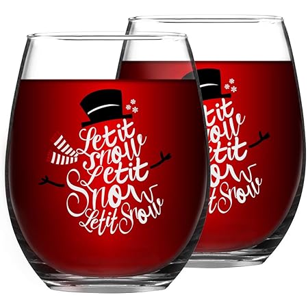 Let It Snow Christmas Wine Glass, 15 Oz Funny Stemless Wine Glasses for Women Friends Men, Gift Idea for Christmas Wedding Party, Set of 2