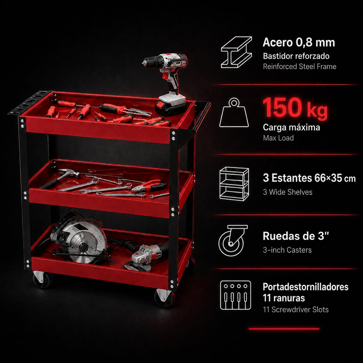 Carrito portaherramientas 3 estantes de Acero 83 x 35 x 76 cm, Multiusos para Oficina, Rojo, Soporte de 75 kg