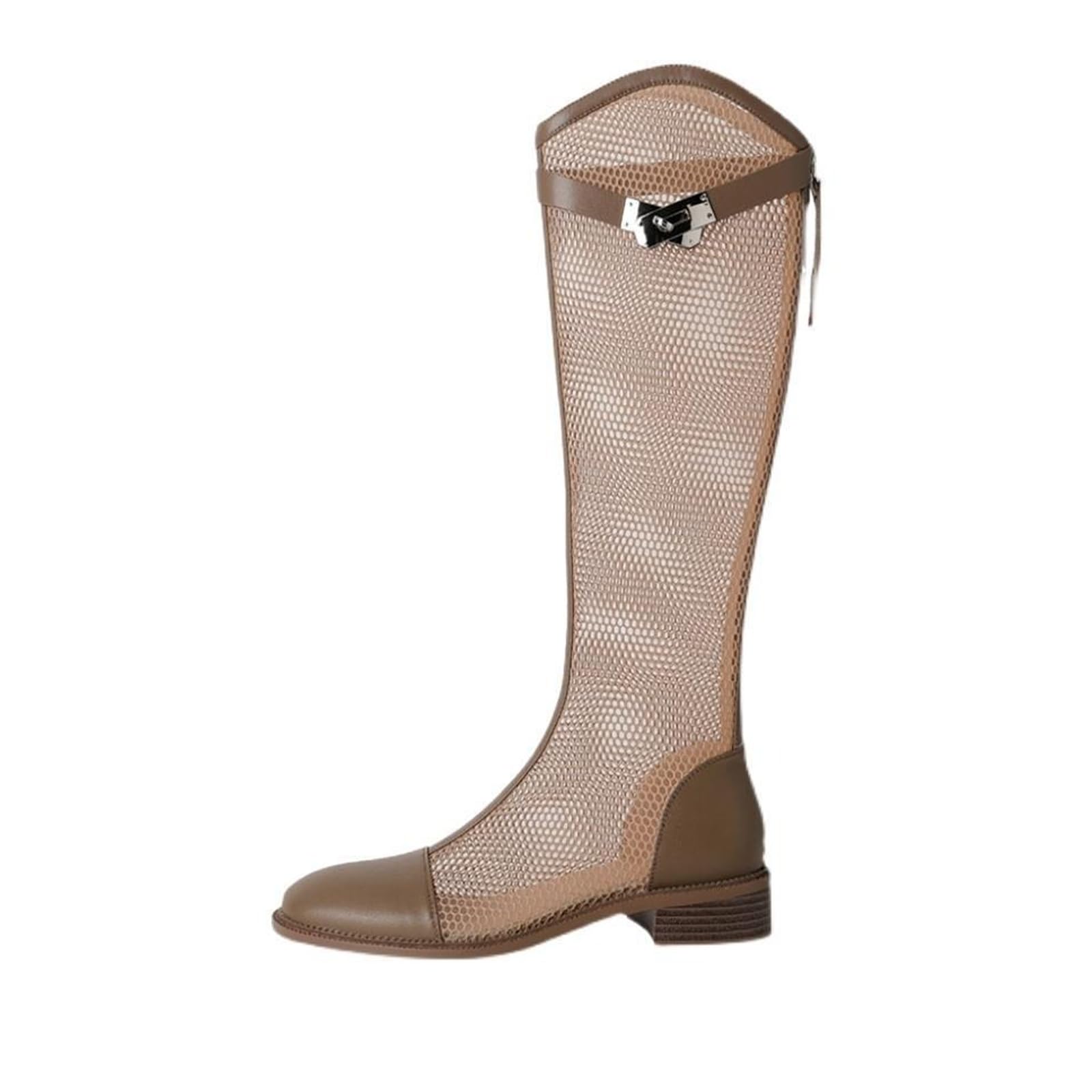 Knee High Boots for Women Round Toe Flat Back Zipper Mesh Breathable Lightweight Booties for Spring Summer Casual