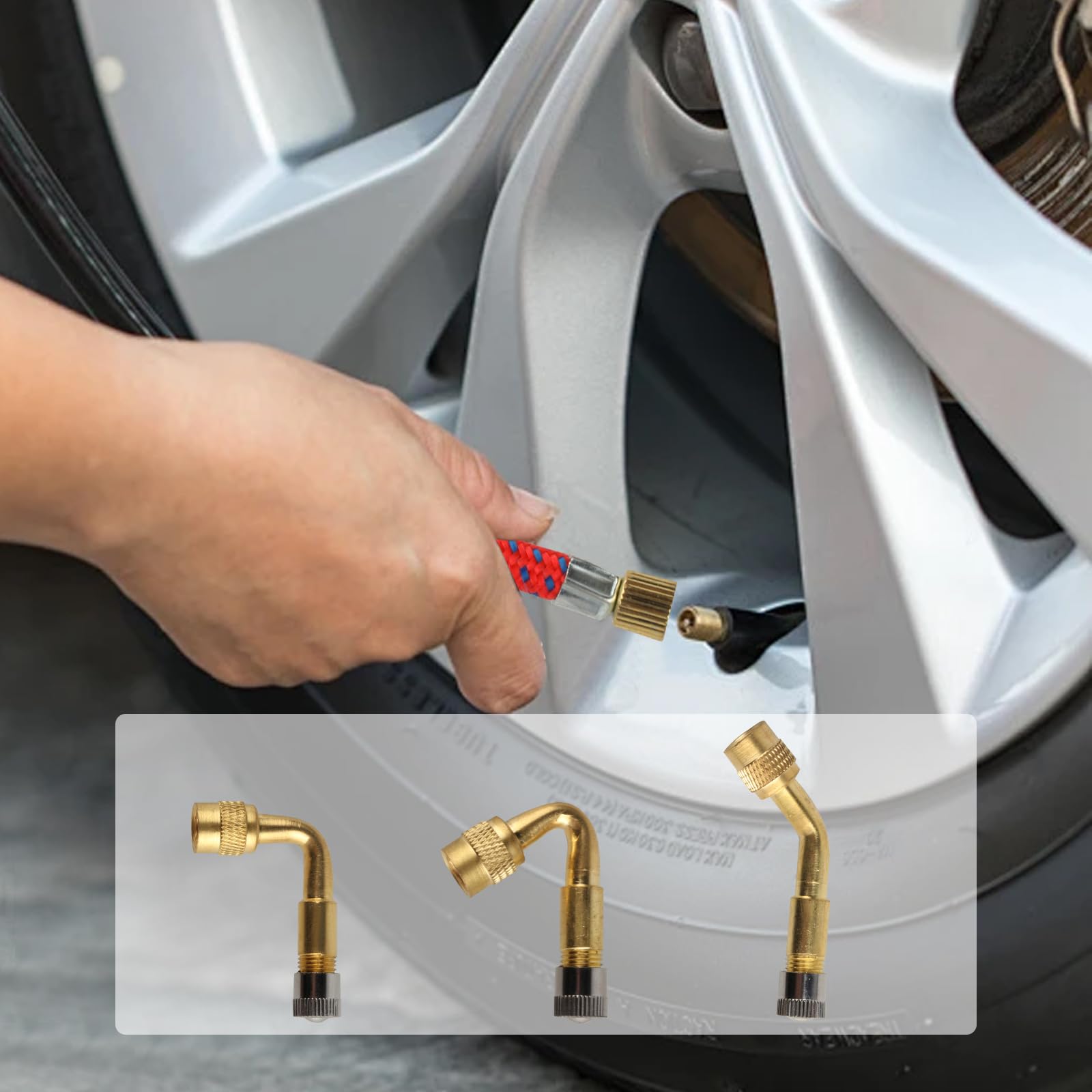 Set di 14 valvole per auto, 6 x 45° 90° 135° per valvola auto, adattatore per valvola angolare, 2 x 10 cm, 6 tappi in metallo, per auto, moto, bicicletta, scooter