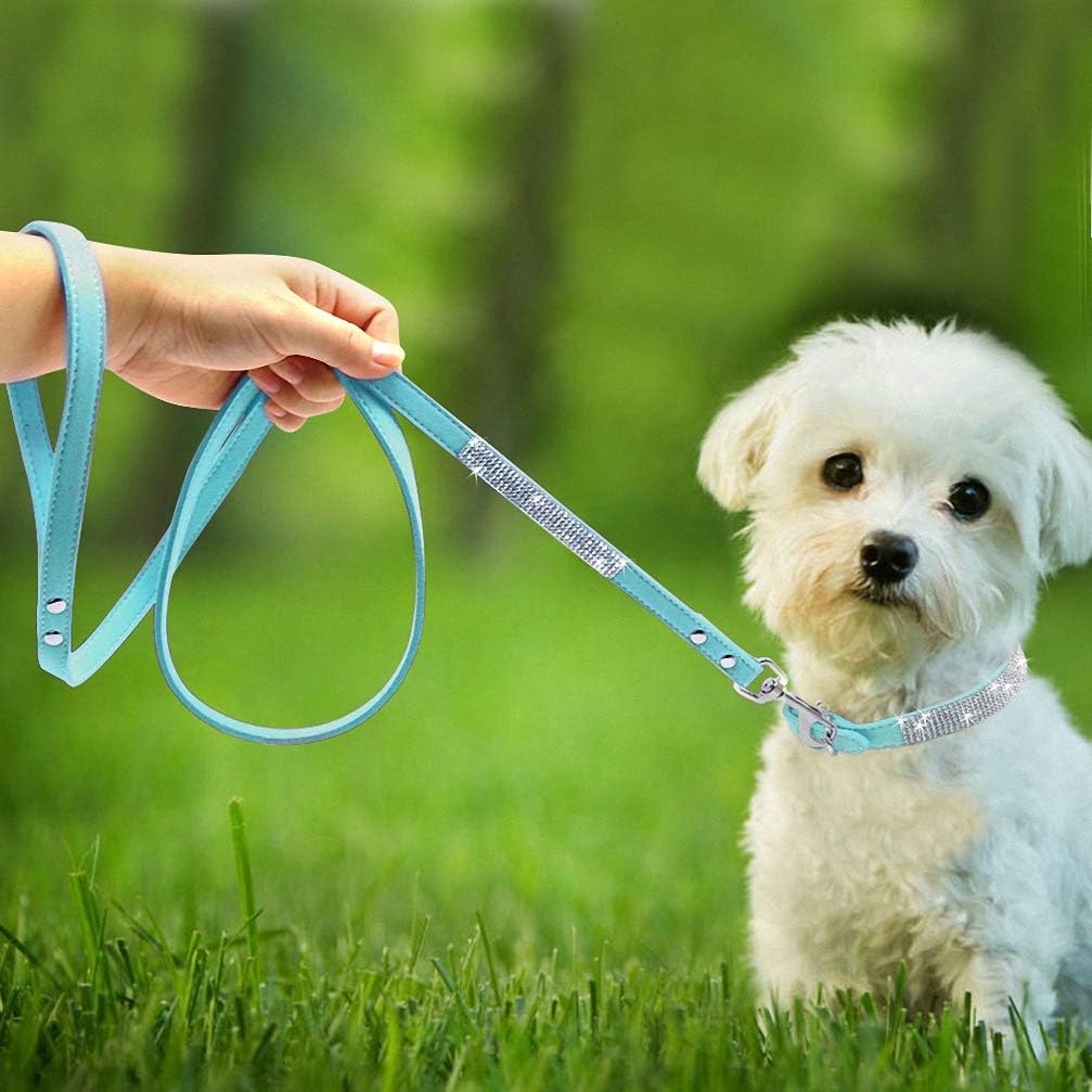 Adjustable Suede Leather Puppy Dog Collar Leash Set Soft Rhinestone Small Medium Dogs Cats Collars Walking Leashes Pink XS S M Blue S