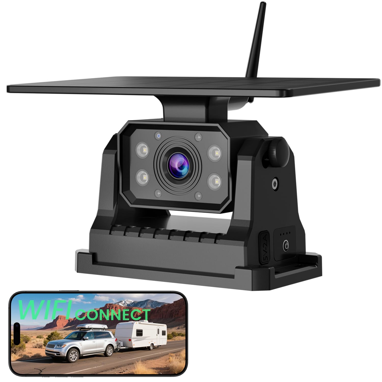 FEISIKE WiFi Solar Backup Camera mounted on a truck towing a camper, showing its magnetic base and solar panel.