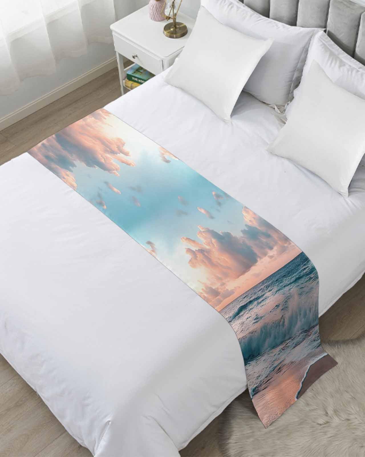 DecorLovee Beach Ocean Bed Runners for Queen Size Bed, Decorative Bed Throws for Foot of Bed, Sunset Scenery Seashore Horizon Summer Bed Runner Sofa Throw Bedding Scarf Protector Slipcover for Bedroom