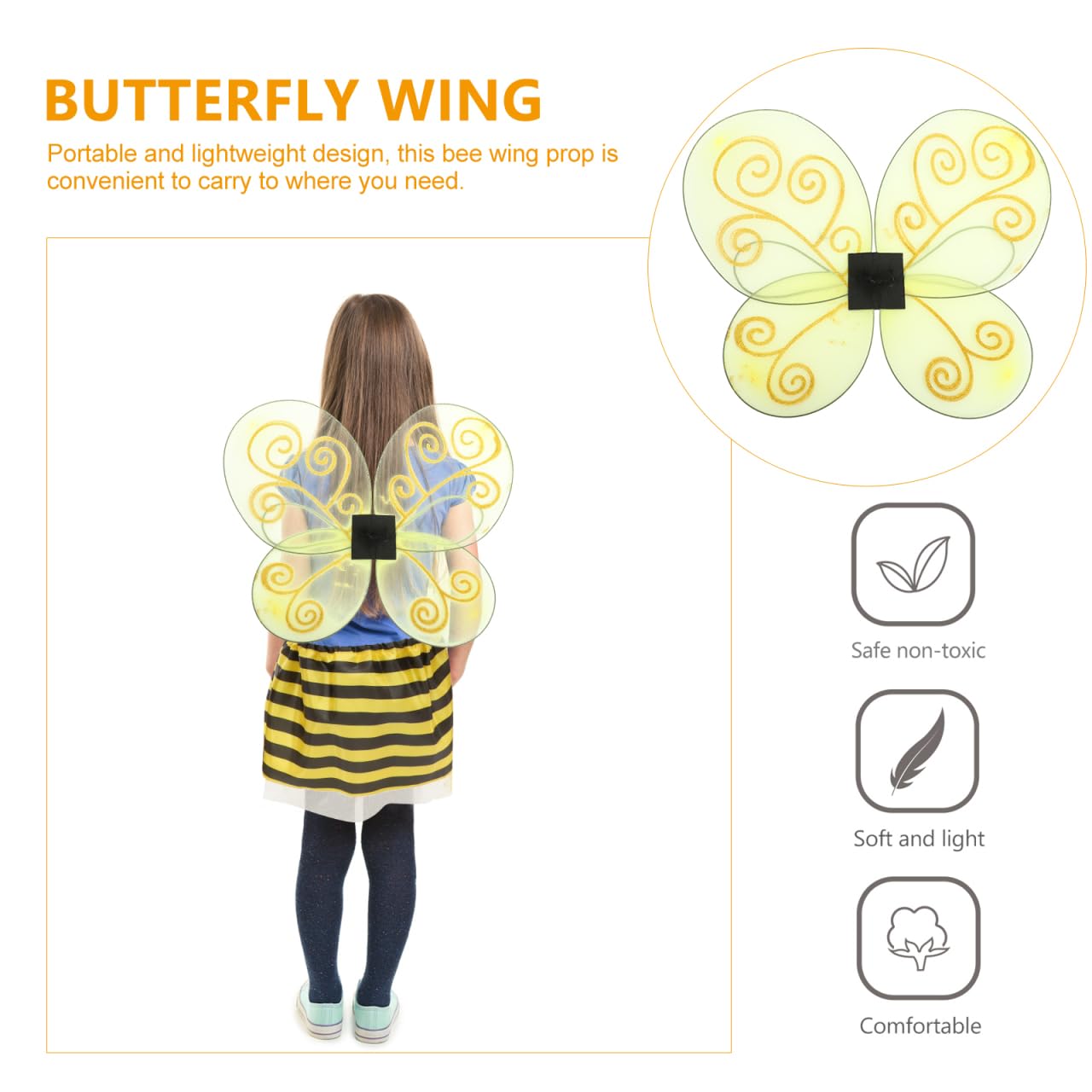 Warmhm Bee Wing Props Lightweight Yellow Costume Butterfly Fairy Wings for Kids Toddlers Cosplay Party Photo Booth Accessory Fancy Dress - Image 4