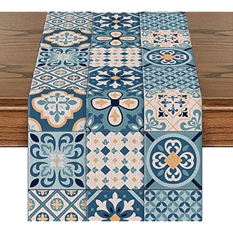 Blue Pattern Table Runner Abstract Floral Cotton Linen Table Runners Farmhouse Home Decor for Kitchen Dinner Housewarming Gift (14x72 Inches ) Cover
