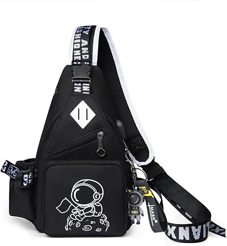 Mochila de un solo hombro de moda con puerto USB y agujero para auriculares, patrón luminoso (negro)