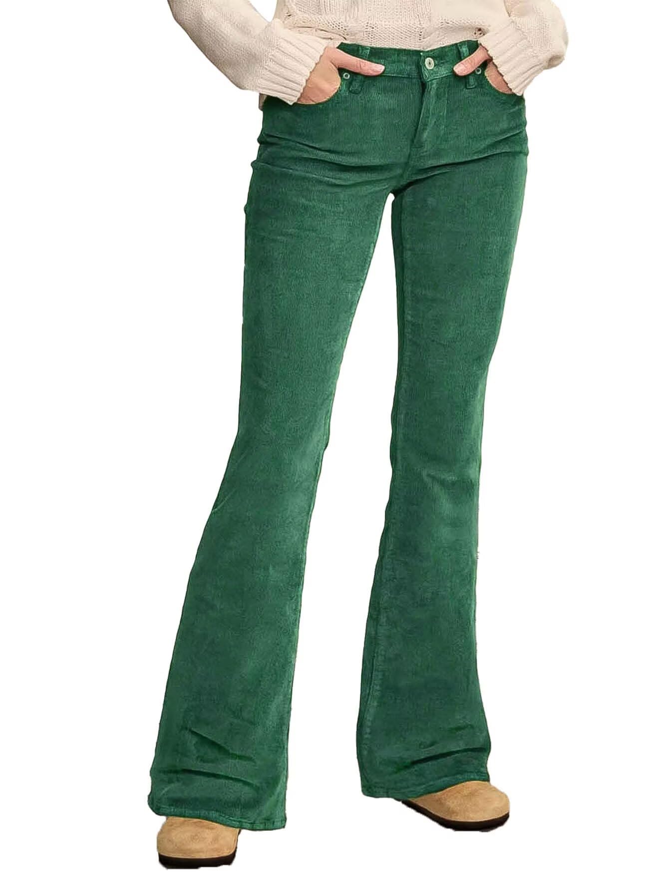 Flamingals Flare Leg Mid Rise Solid Corduroy Elastic Dress Pants with Pockets for Women