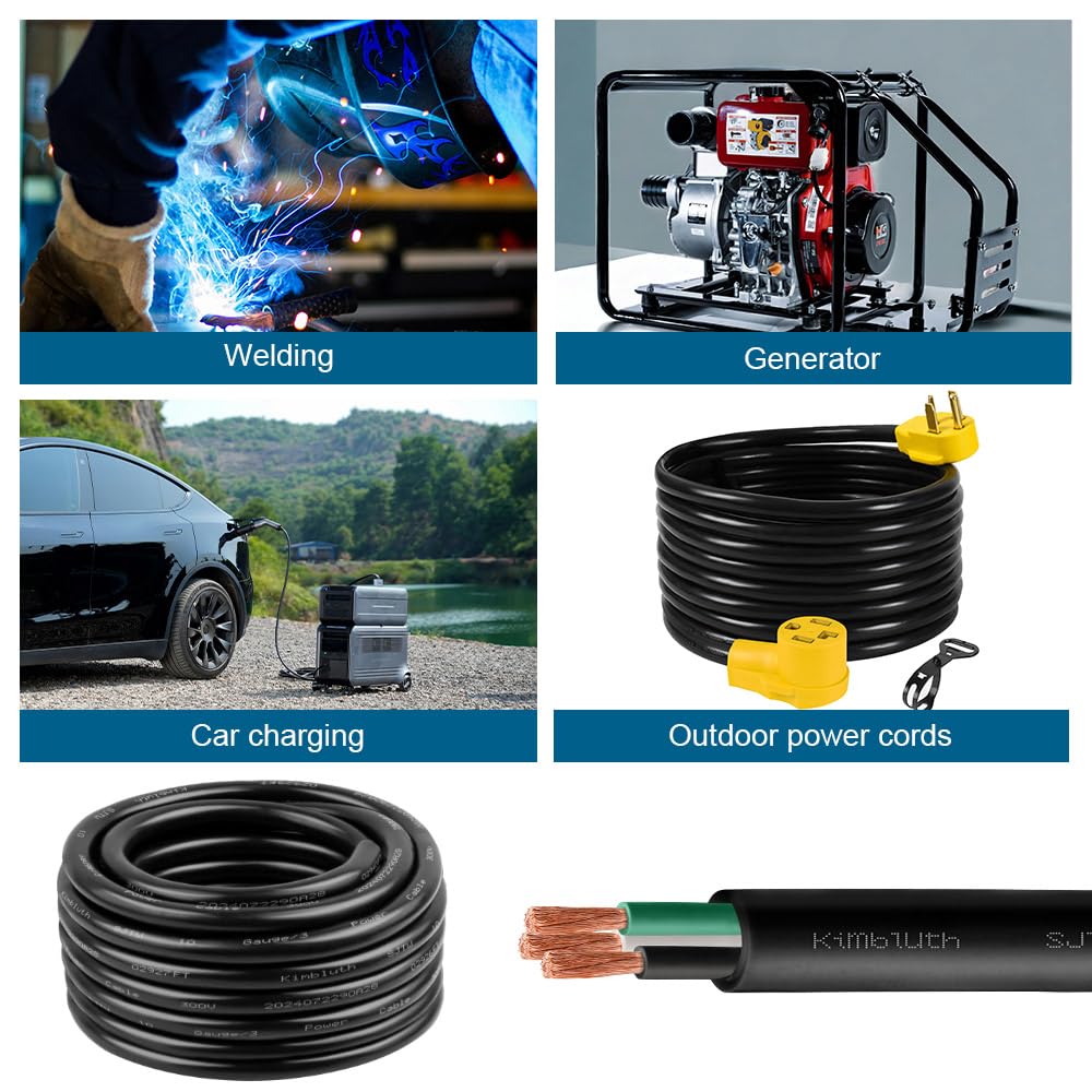 Cable de alimentación SJTW de calibre 16 con 3 conductores para exteriores, 100 pies, cable eléctrico de cobre puro resistente para césped, batería, automoción, exteriores