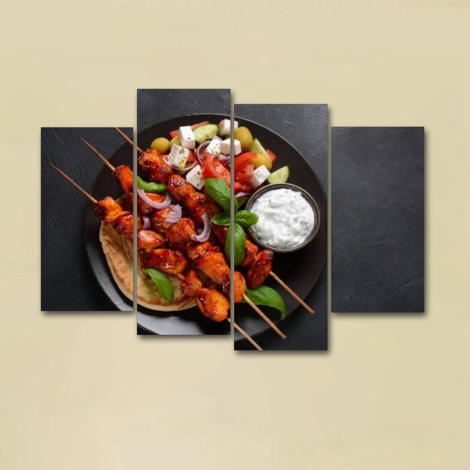 quetas artwork Canvas Print Fried souvlaki greek salad and tzatziki on wooden table Wall Art Pictures Framed Digital Print Abstract Painting Room Home Office Decor Ready to Hang - 4 Panel