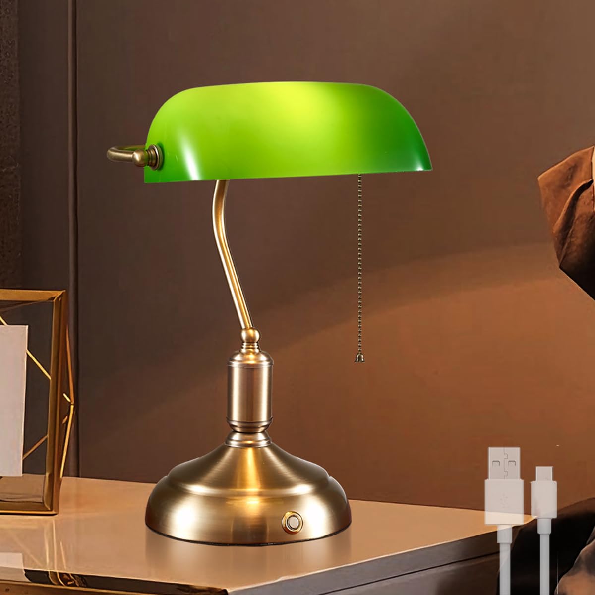 Kabellose Bankerlampe Groß 6000mAh Akku Tischlampe Aufladbar Dimmbare Vintage Nachttischlampe mit Touch-Steuerung und Kettenschalter 3 Farbtemperaturen E27 Tischleuchte Grün Gold Schreibtischlampe