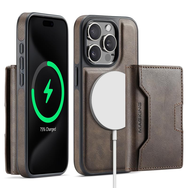 Funda iPhone 15 Pro magnética desmontable con bloqueo RFID y acabado artesanal café