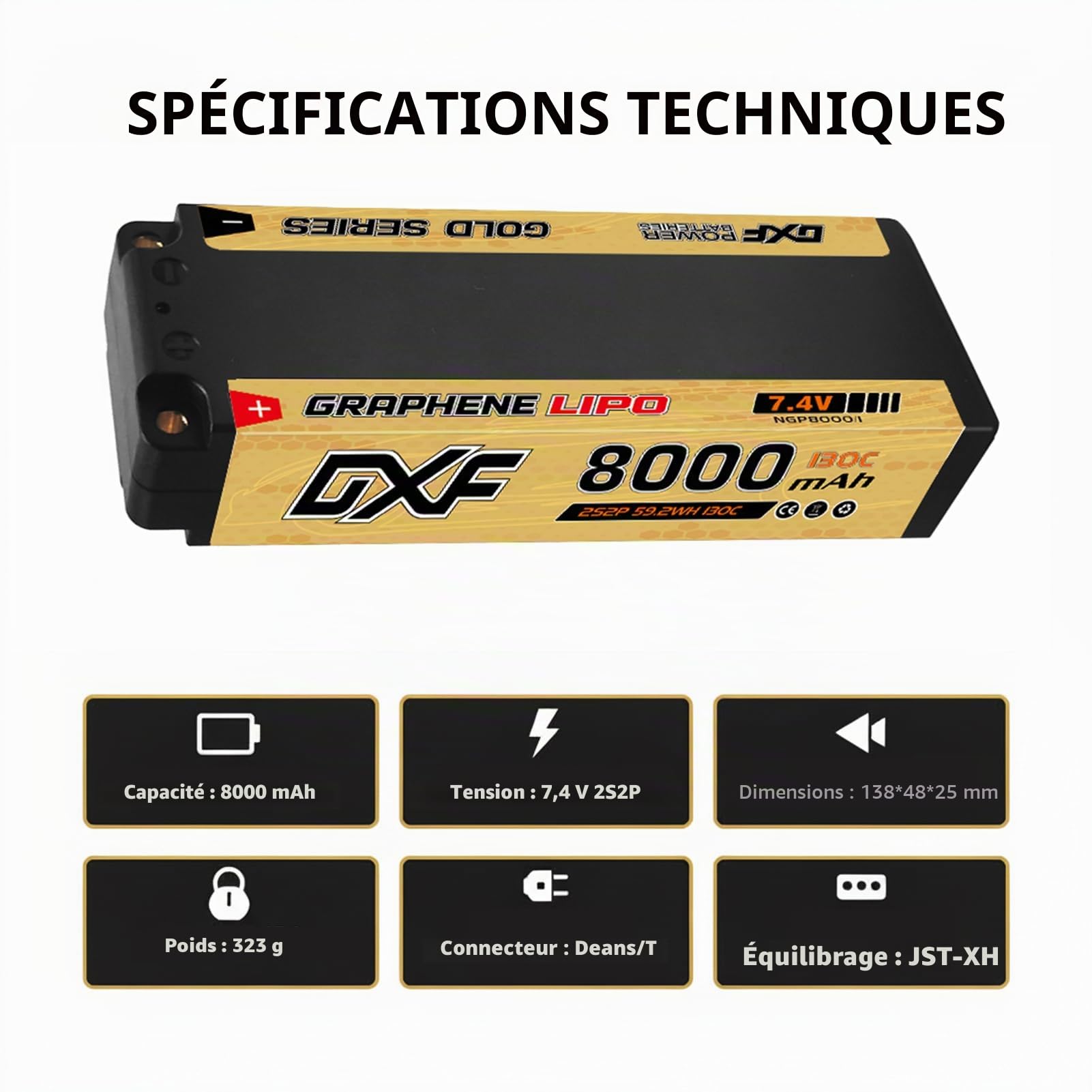 DXF Batterie LiPo 2S 8000mAh 7.4V 130C 5mm NGP Deans T-Plug pour Voiture RC - Pack Lithium Polymère Haute Performance Décharge Rapide pour Modèles Radiocommandés 1/8 1/10 Échelle Buggy Truck Racing