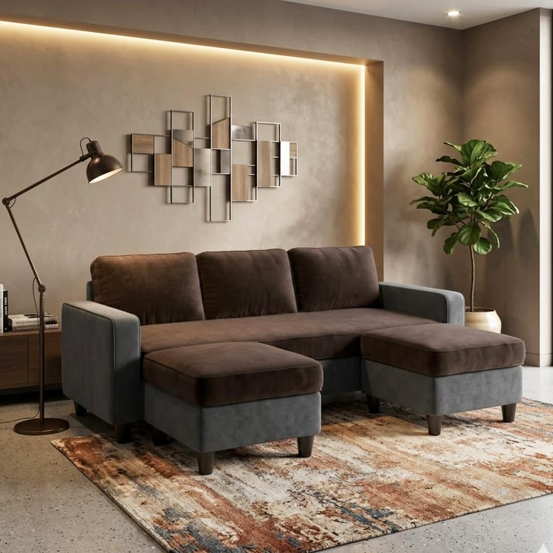Alvaro Cedaro 3 Seater Velvet Fabric Sofa Set with 2 Ottomans, Modern 5 Seater Living Room Furniture for Home & Offices -Dark Brown & Dark Grey-image-36