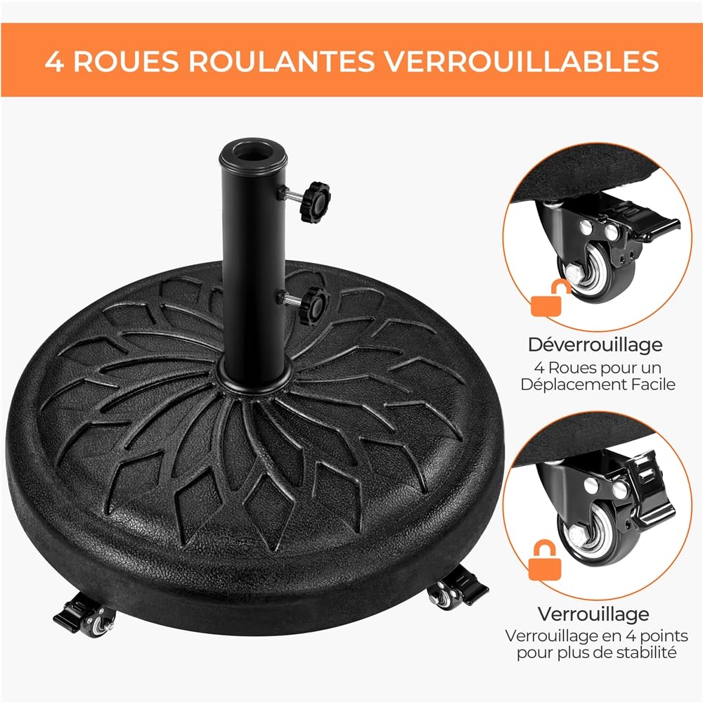 Yaheetech Pied de Parasol Rond à roulettes 20,6 kg en Résine pour Mât de Ø 38/48/57mm du Parasol, pour Base de lestage Patio Jardin Extérieur Marché Noir - 5