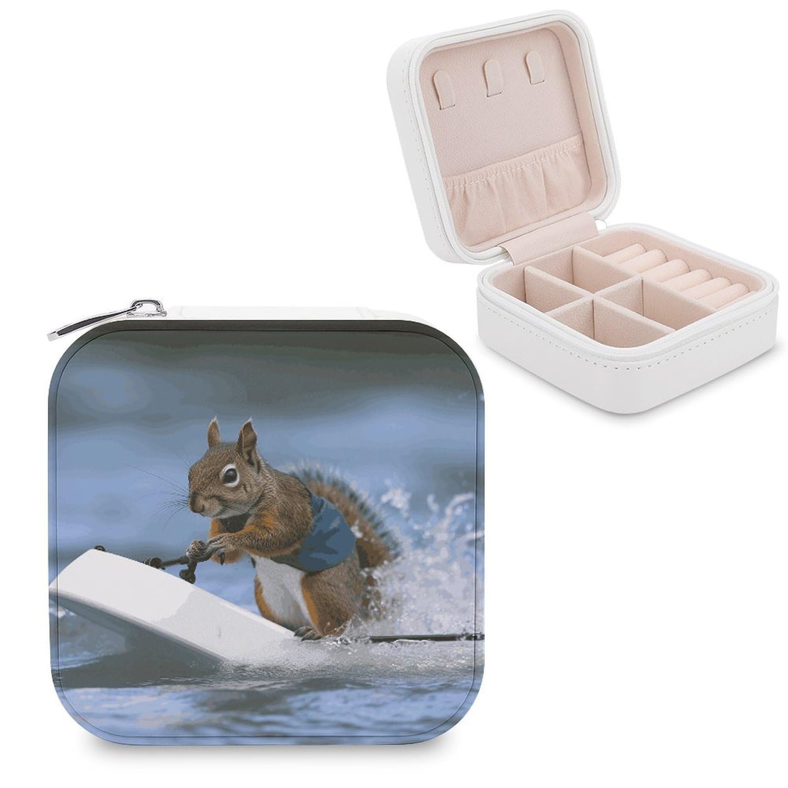 MUSM Water Skiing Squirrel Travel Jewelry Case Personalized PU Leather Jewelry Boxes for Women Small Portable Jewelry Organizer Box Cute Trinket Box for Necklaces Rings Earrings & Gifts