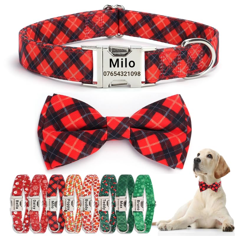 SEOUGEE Christmas Dog Collar Personalised with Bowtie, Adjustable Soft Cotton Dog Collar with Custom Engraved Metal Buckle Name Phone Number for Large Dogs (Red Plaid, L:Neck 40-60cm) — image 1
