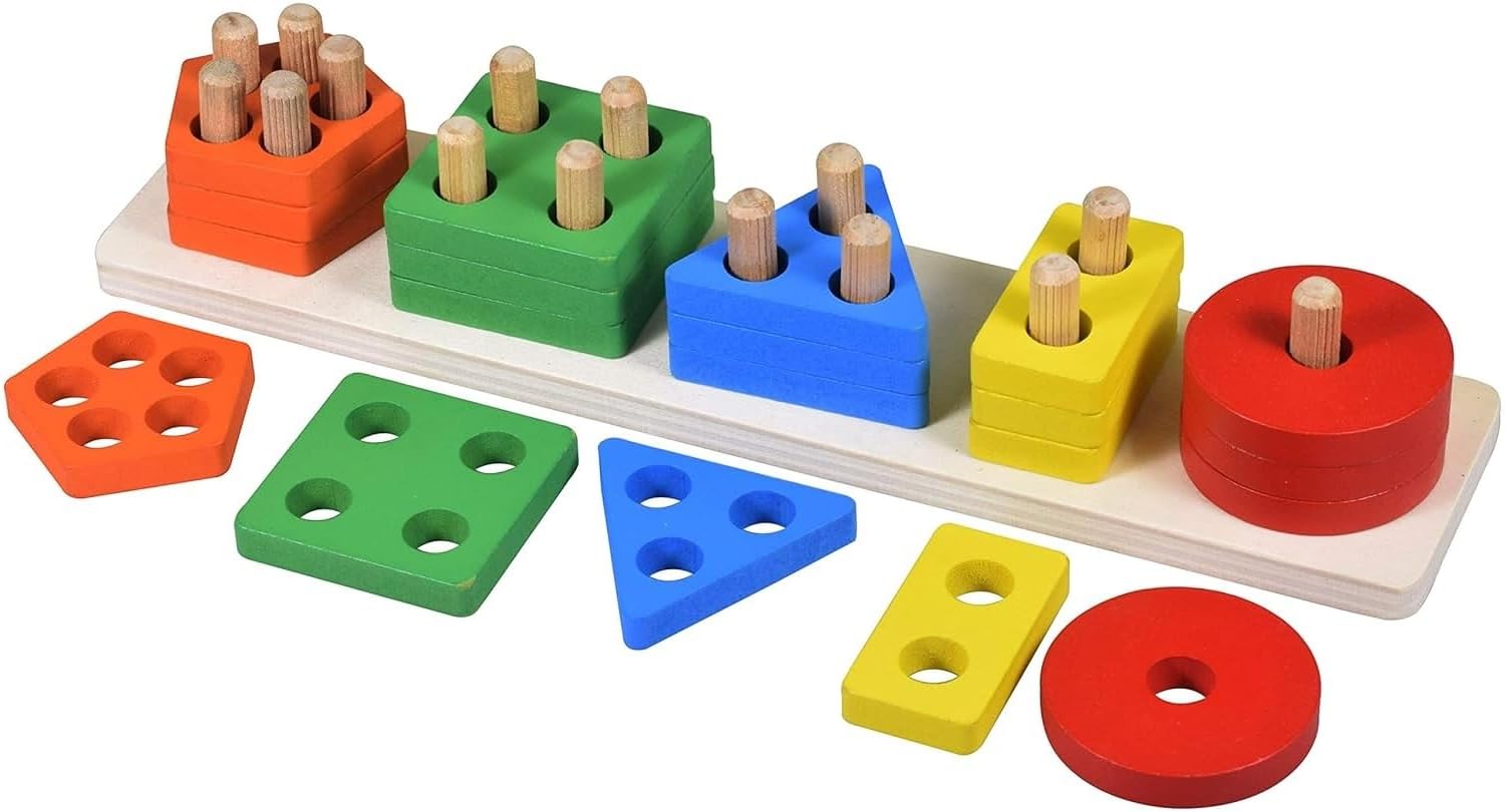 Wooden 20 Pc - 5 Shape Sorting & Stacking Sorter Toys Early Educational Geometric Blocks Puzzles for 1-3 Years Old Age Kids Boys and Girls (20 pieces)