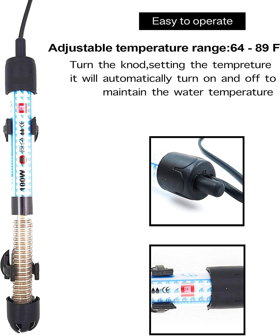 kickAt Fully Automatic ON Off Fish Tank Heater with Temperature Control knob (100watt) Submersible Aquarium Immersion Heater