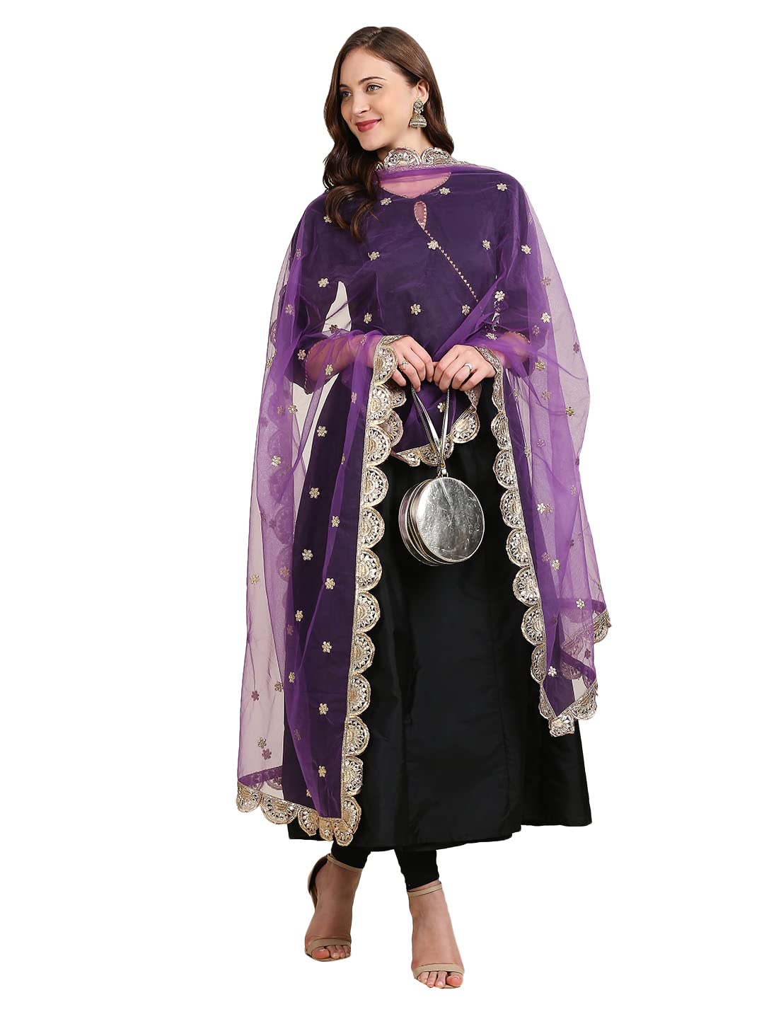 dupatta bazaar Women's Purple Embroidered Net Dupatta With Scallops, free size-picture-28