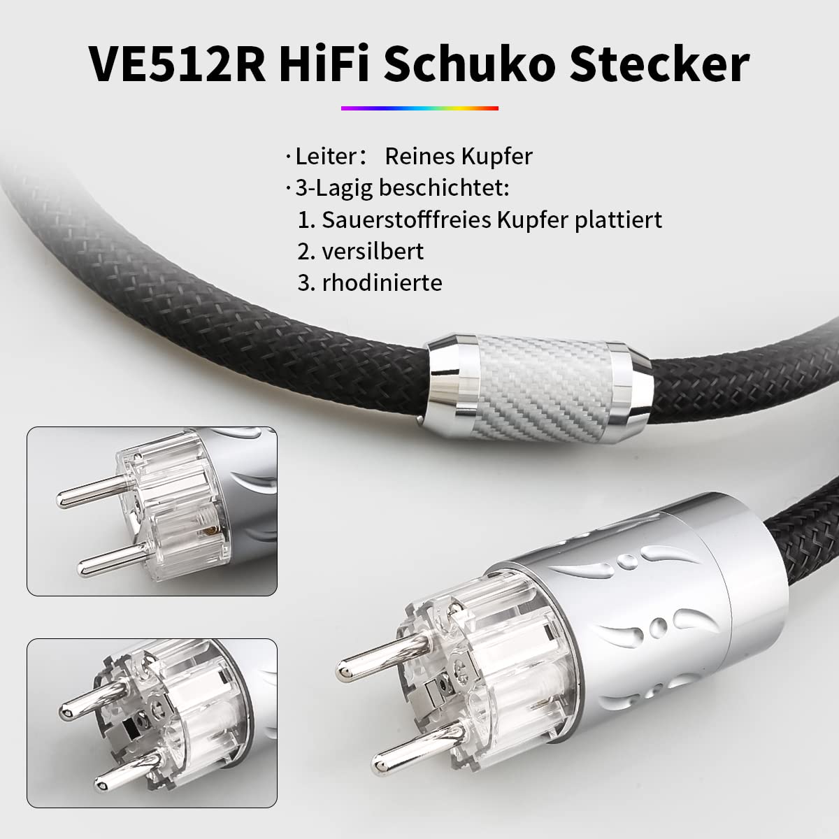 Viborg Netzkabel High End Stromkabel 1.8 Meter Kupfer Schirmung mit Schukostecker & Kaltgerätekupplung für Subwoofer, Verstärker, DV/AV