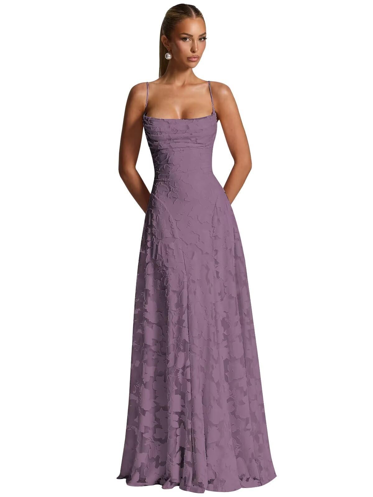 Women's 2025 Spaghetti Strap Floral Backless Bridesmaid Dresses Cowl Neck Lace Jacquard A Line Long Prom Evening Dress