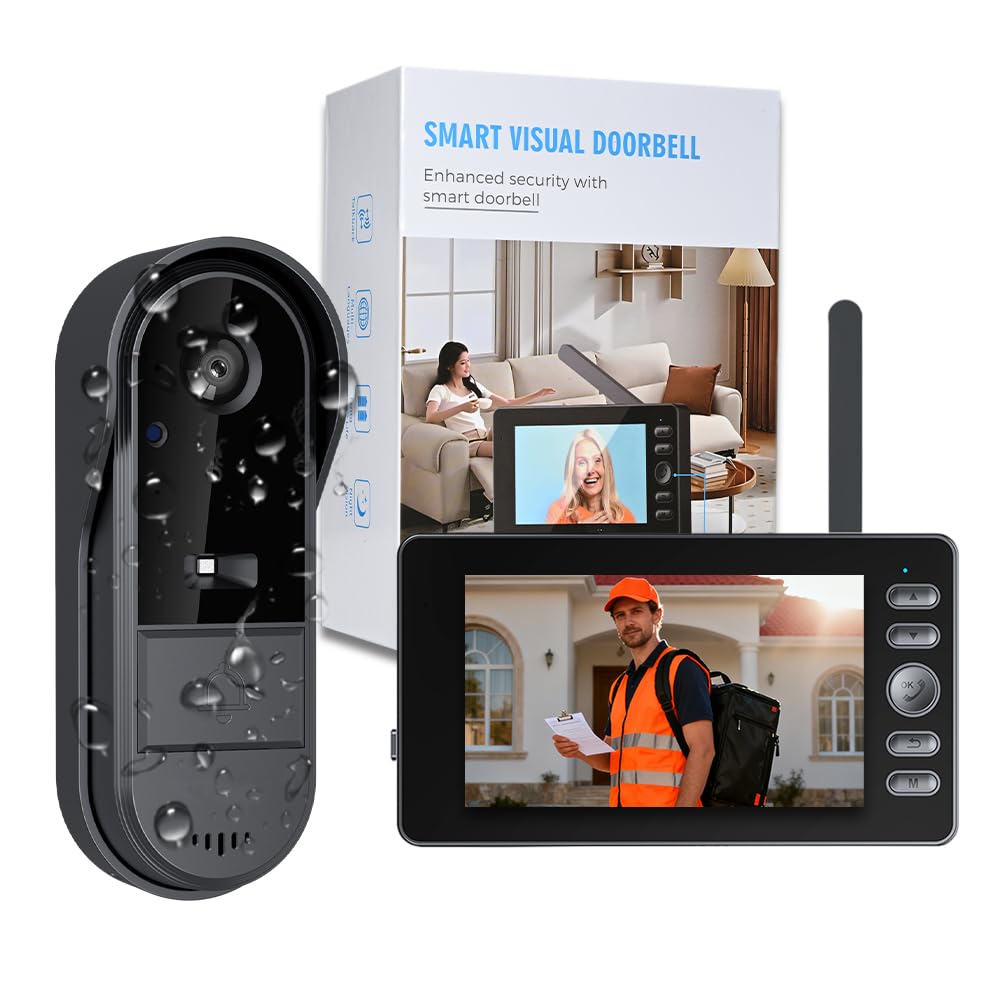 Sonnette sans Fil avec Caméra Exterieur étanche avec Écran 4.3" Visiophone Vidéo Interphone sans Fil sans WiFi Abonnement Bidirectionnel Vision Nocturne Appuyez Longuement pour Réveiller la Sonnette
