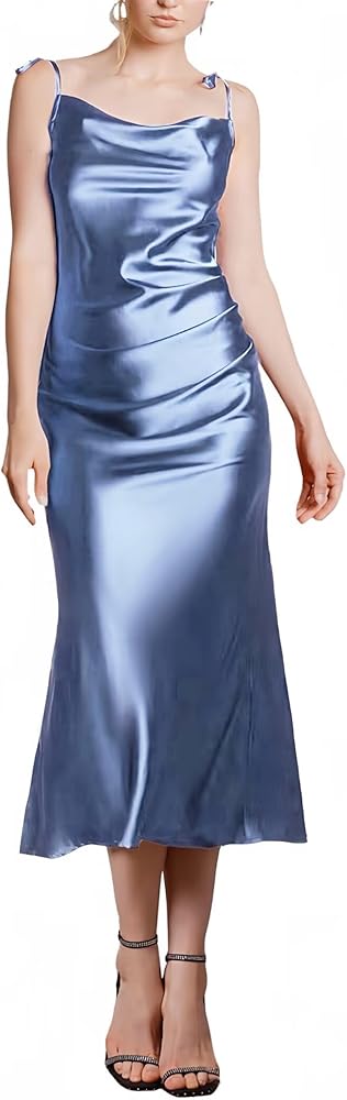 Amazon.com: MisShow Satin Dress Wedding Guest Dresses for Women Formal Dress  Spaghetti Straps Elegant Pleated Summer Beach Wedding Bridesmaid Cocktail  Dresses Dusty Blue S : Clothing, Shoes & Jewelry