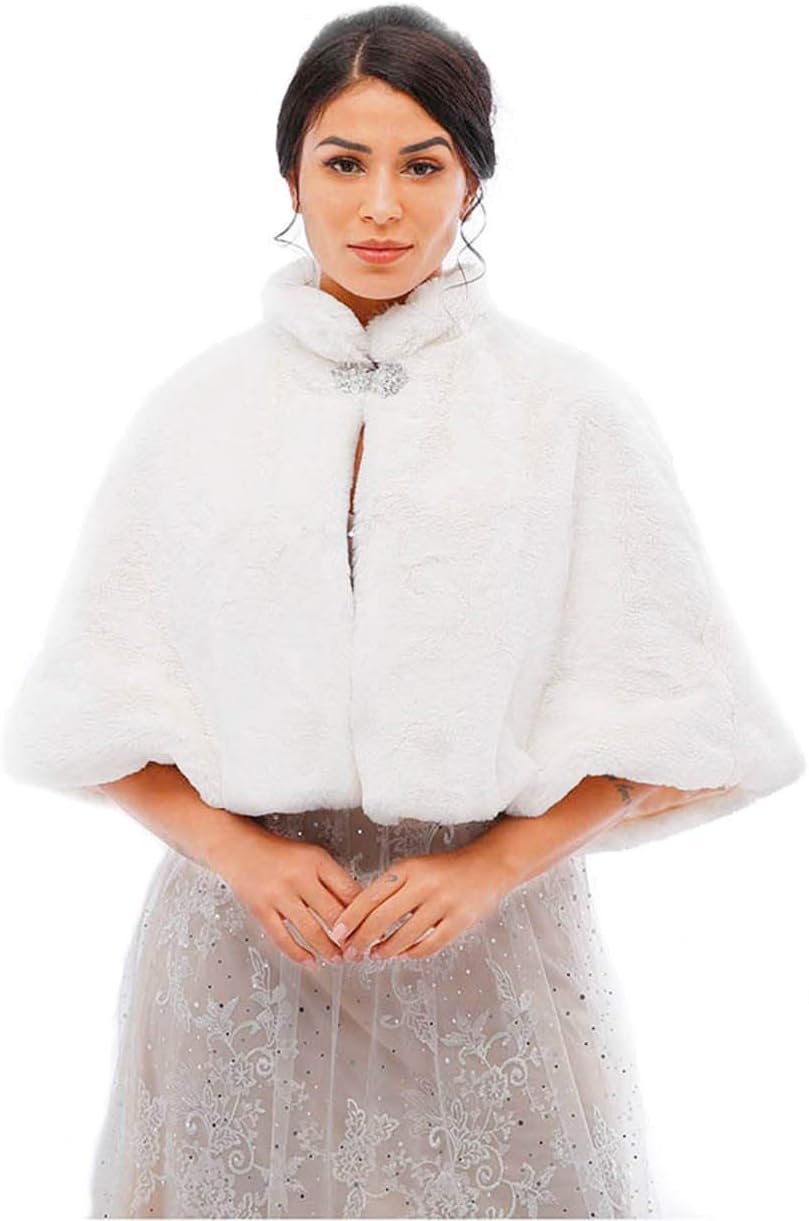 Yalice Women's Wedding Faux Fur Shawl and Wrap Bridal Fur Stole Cloak Cape Fur Scarf for Bride and Bridesmaids