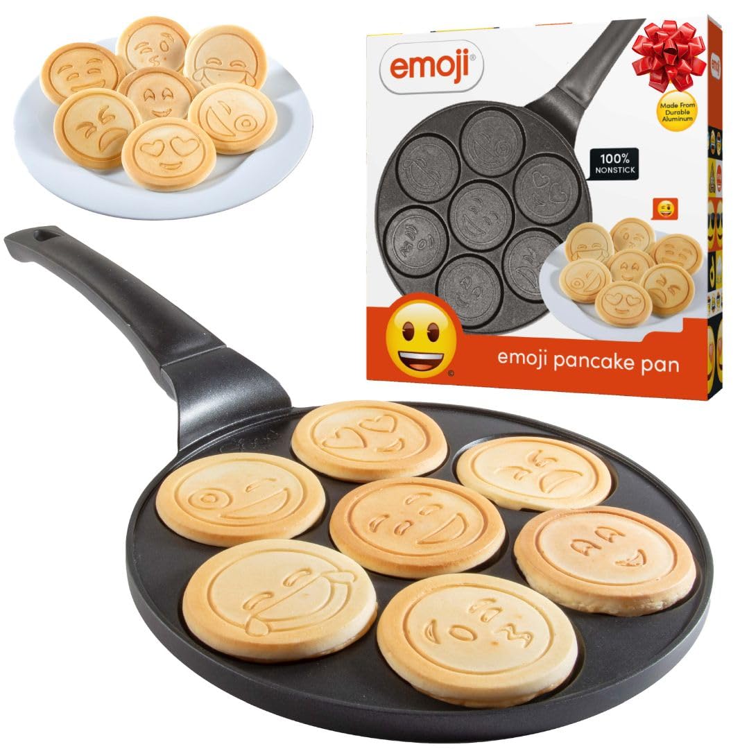 Official Emoji Liscense - Large NonStick Smiley Face Pancake Pan Griddle- 7 Fun Mini Faces- Heavy Duty Stovetop Skillet Maker- Pan Cakes for Kids Holiday Breakfast & Brunch- Xmas Stocking Stuffer Gift