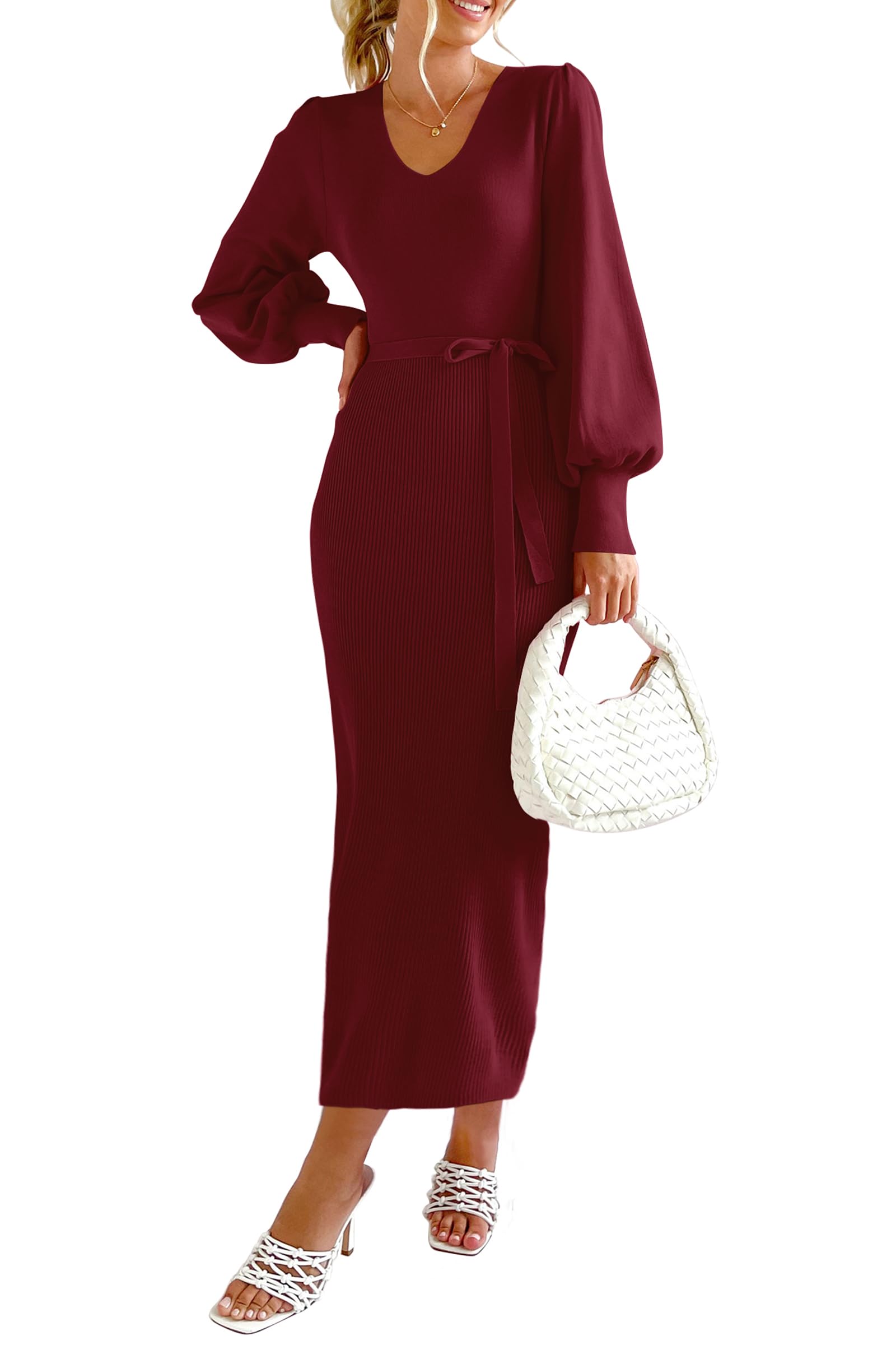 PRETTYGARDEN Womens Fall Knit Pullover Sweater Dress Elegant Long Lantern Sleeve V Neck Winter Maxi Bodycon Dresses