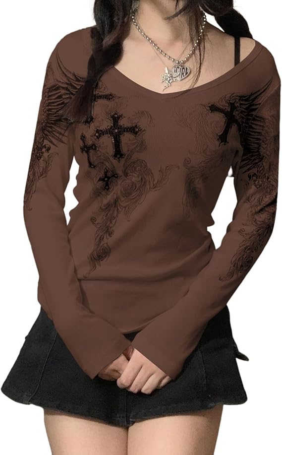 Geagodelia Womens Y2K Long Sleeve Tops Gothic Graphic Tight