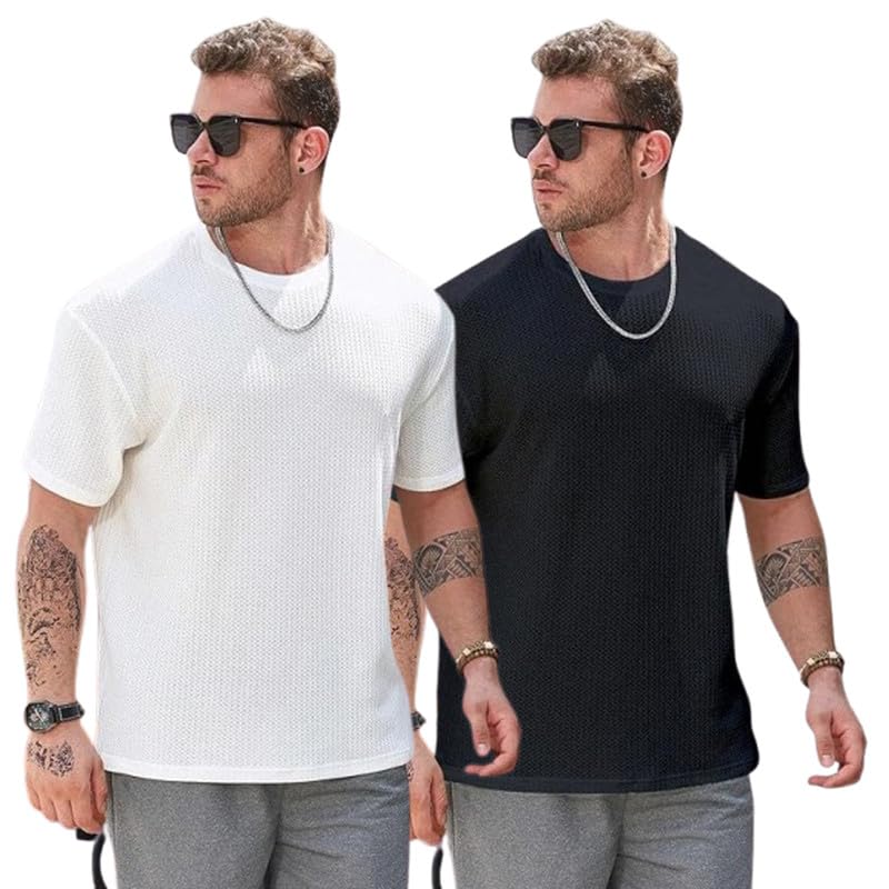 Image of Men Solid Waffle Round Neck Oversized /Dropshoulder |Baggy| Summer T Shirt for Ment Shirt