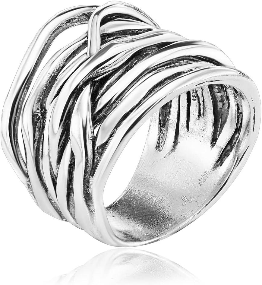 JEAN RACHEL JEWELRY 925 Sterling Silver Ring - Wide Multi Strand Wrap Vintage Design - Hypoallergenic, Lead & Nickel Free Jewelry - Artisan Handcrafted Statement Rings for Women